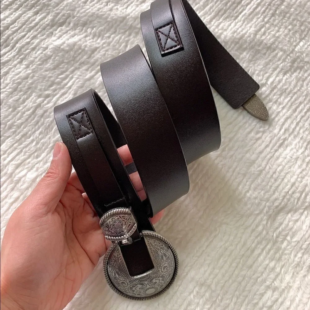 Vintage Style Genuine leather Belt with Floral Engraved Pattern Buckle